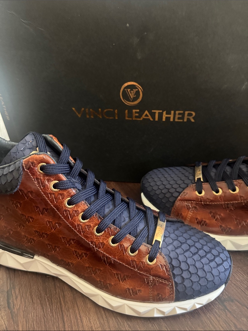 Vinci Leather The Caesars Brown & Navy Leather High-Top Men Sneaker